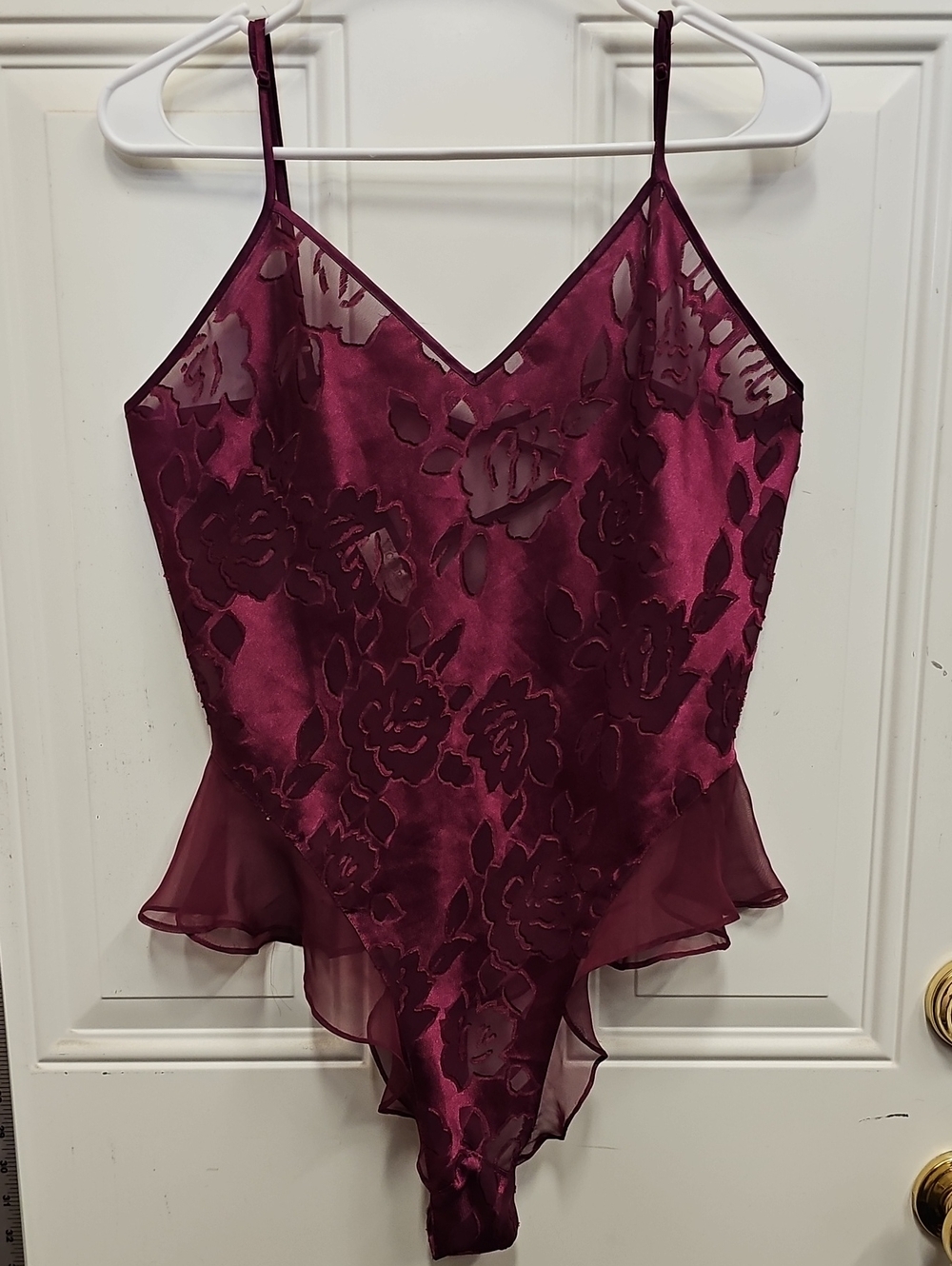 Victoria's Secret Golden Lable Burgundy Floral Velvet-Overlay V-Neck Bodysuit